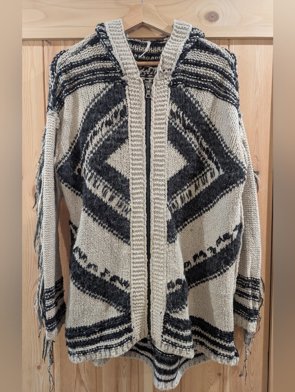Free People Hooded Zip Cardigan in Beige and Black - Picture 2 of 10